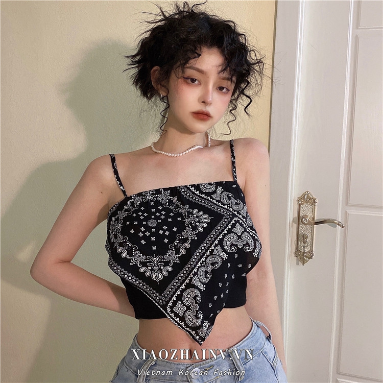 Xiaozhainv Áo Croptop Hai Dây Họa Tiết Hoa Quyến Rũ Thời Trang Hàn Quốc