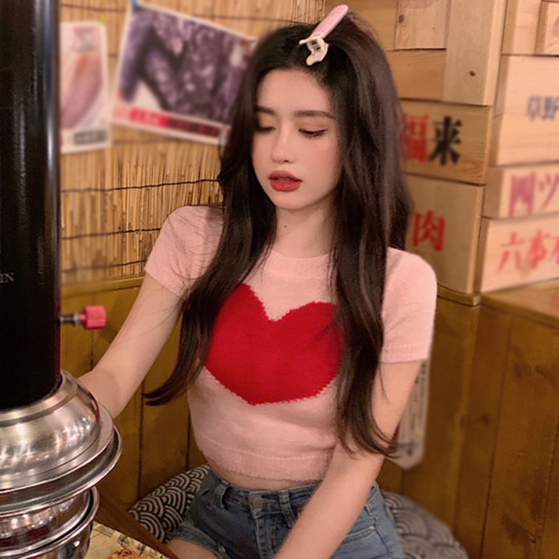 Áo croptop dệt kim tay ngắn dáng ôm in họa tiết trái tim thời trang mùa hè Hàn Quốc gợi cảm cho nữ