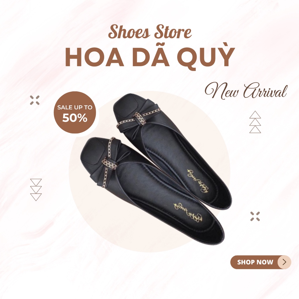 Giày búp bê nữ đế bệt đen da trần nơ nhỏ xinh xắn