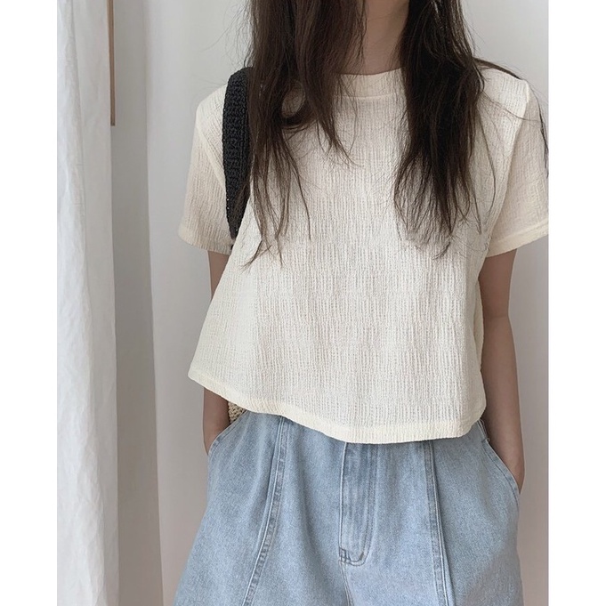 Áo Thun Tay Ngắn Cổ Tròn Màu Sắc Đơn Giản Phong Cách Hàn Quốc