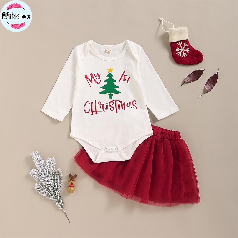 Bộ trang phục 2 món MIKRDOO gồm áo liền quần tay dài in họa tiết giáng sinh + chân váy dễ thương cho bé gái sơ sinh 1