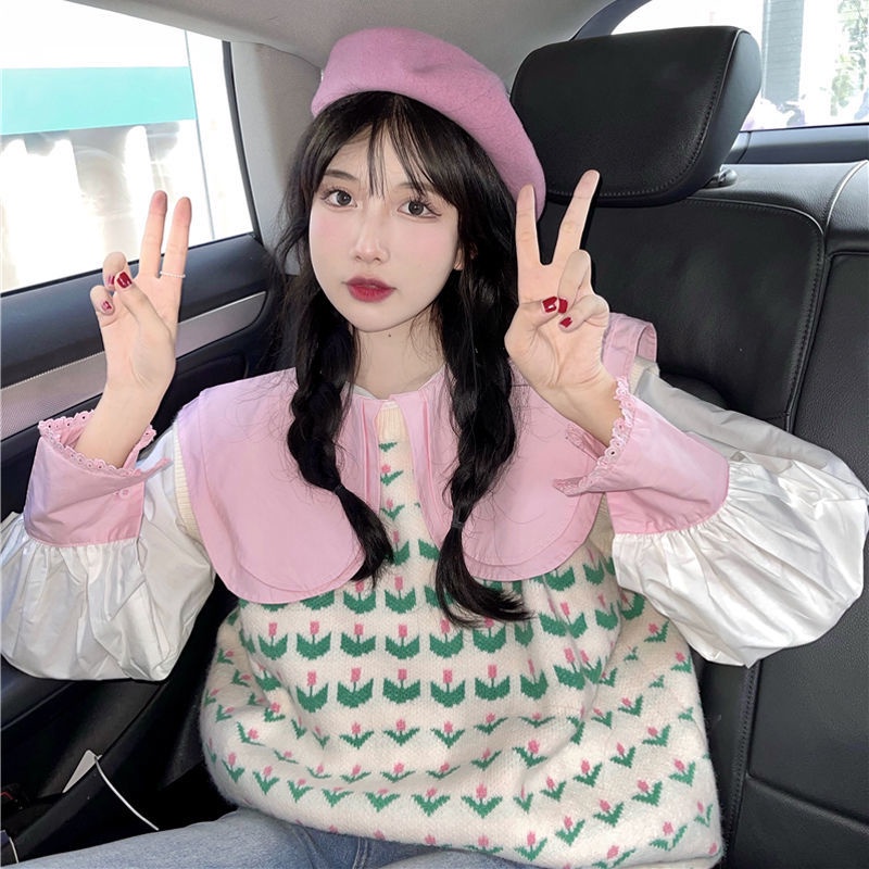 Bộ Áo Khoác Vest Dệt Kim + Áo Sơ Mi Tay Dài Cổ Búp Bê Xinh Xắn Cho Nữ