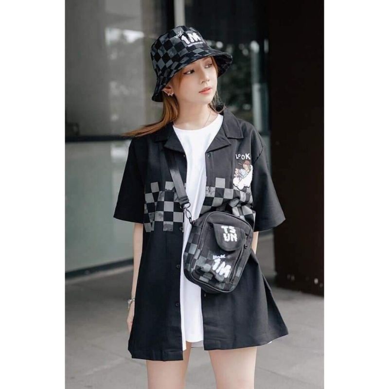 Áo Sơ Mi Màu Đen Kẻ Ngực Look Form Rộng Tay Lỡ Unisex