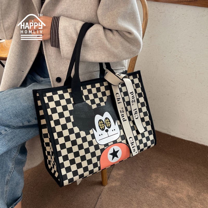 HAPPY HOMLIV Túi Tote Canvas Sức Chứa Lớn 17-Inch Đựng Máy Tính Xách Tay 2022 Họa Tiết Kẻ Sọc Phong Cách Retro Mới Cho Nữ