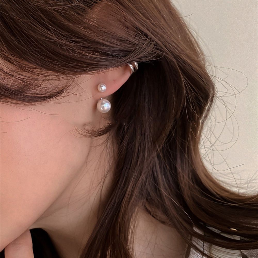 Bông tai hai lớp hình chữ C đính ngọc trai phong cách Hàn Quốc ngọt ngào thanh lịch cho nữ
