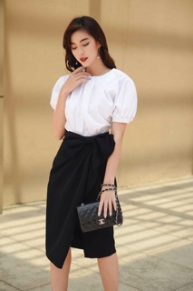 Áo cotton lụa trắng tay phồng -HBSM762