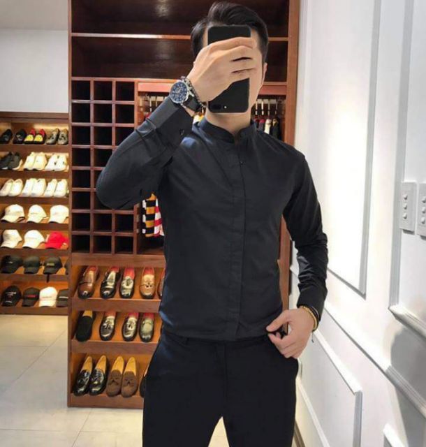 [Siêu KHỦNG] Áo sơ nam màu đen cổ tàu cao cấp
