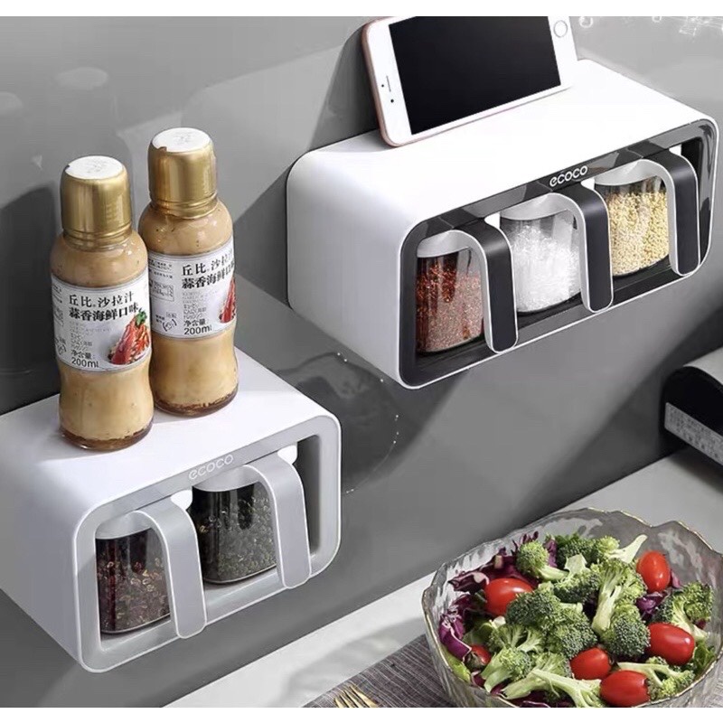 Bộ hũ đựng gia vị kèm giá để dán tường siêu chắc ecoco
