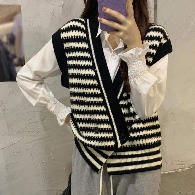 Áo khoác cardigan không tay cổ chữ v họa tiết kẻ sọc phong cách retro