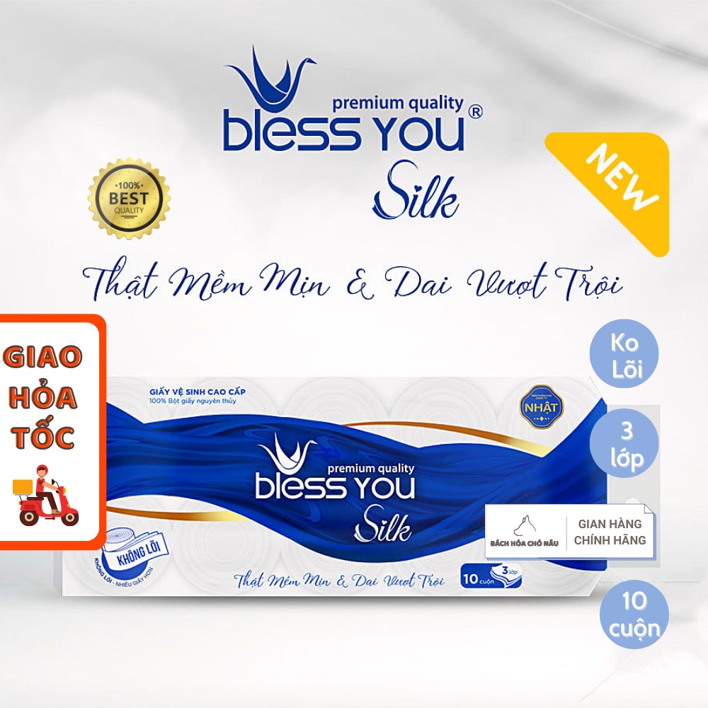 Giấy Vệ Sinh Bless You Silk Nhật Bản Không Lõi 10 Cuộn/ Lốc Giấy 3 Lớp Cao Cấp cho Gia Đình [ Mới Chính Hãng]