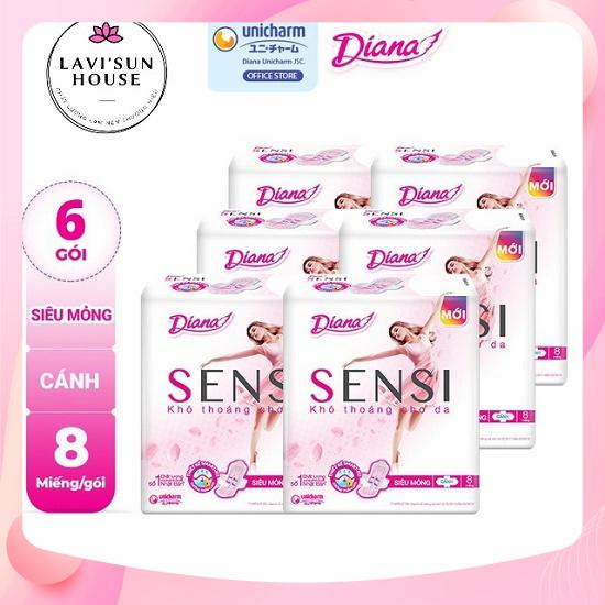 Bộ 6 gói băng vệ sinh diana sensi siêu mỏng cánh gói 8 miếng,băng vệ sinh diana sensi smc dành cho phụ nữ 1 g