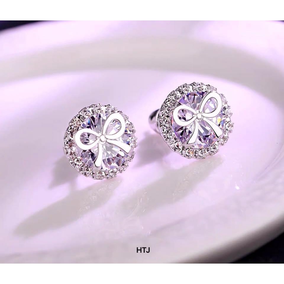Khuyền tai nữ bạc thật, bông tai nơ đính đá siêu xinh - Kho sỉ bạc Nhất Linh