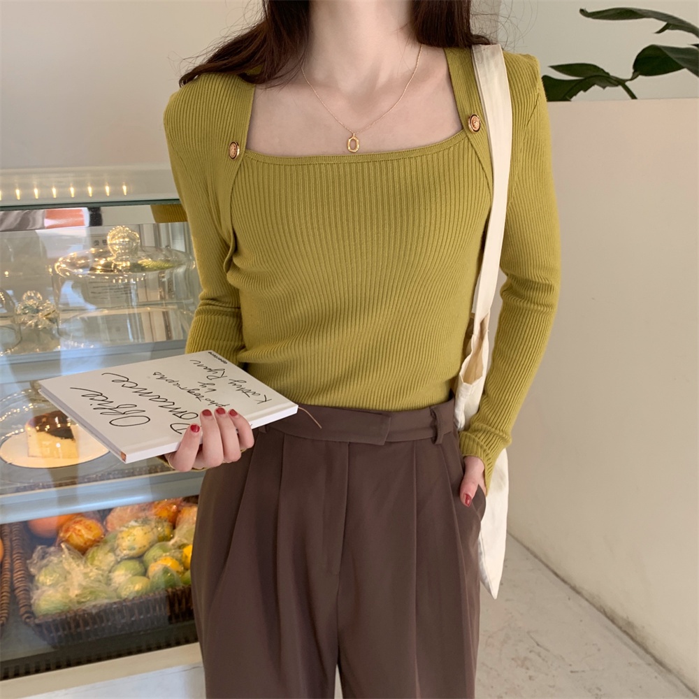Áo sweater ZHELIHANGFEI tay dài cổ vuông hở xương quai xanh phong cách sang trọng dễ phối đồ