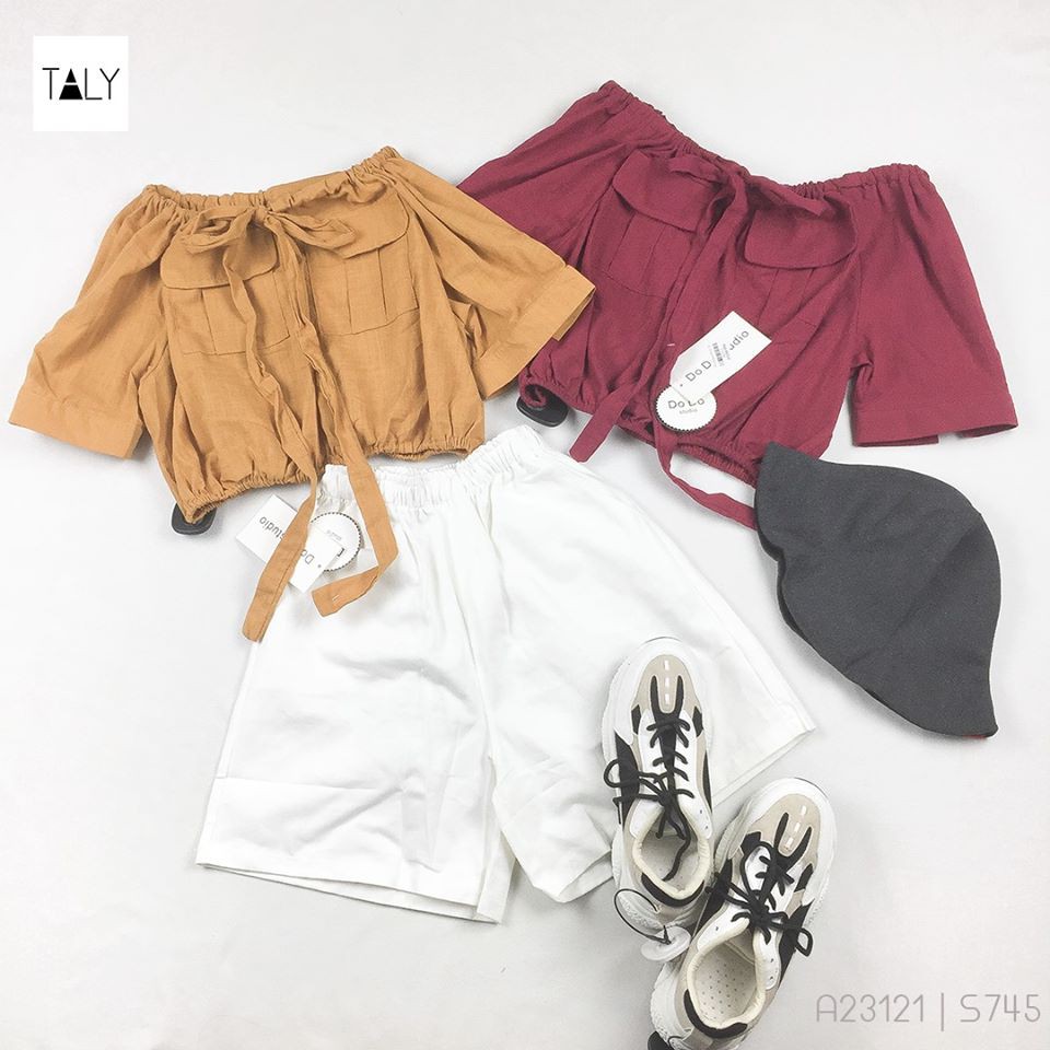 Áo trễ vai bo eo thắt nơ