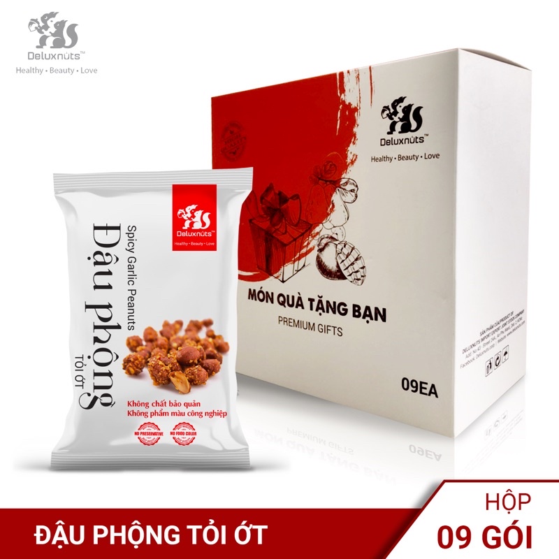 HỘP 9 GÓI ĐẬU PHỘNG TỎI ỚT 40g DELUXNUTS