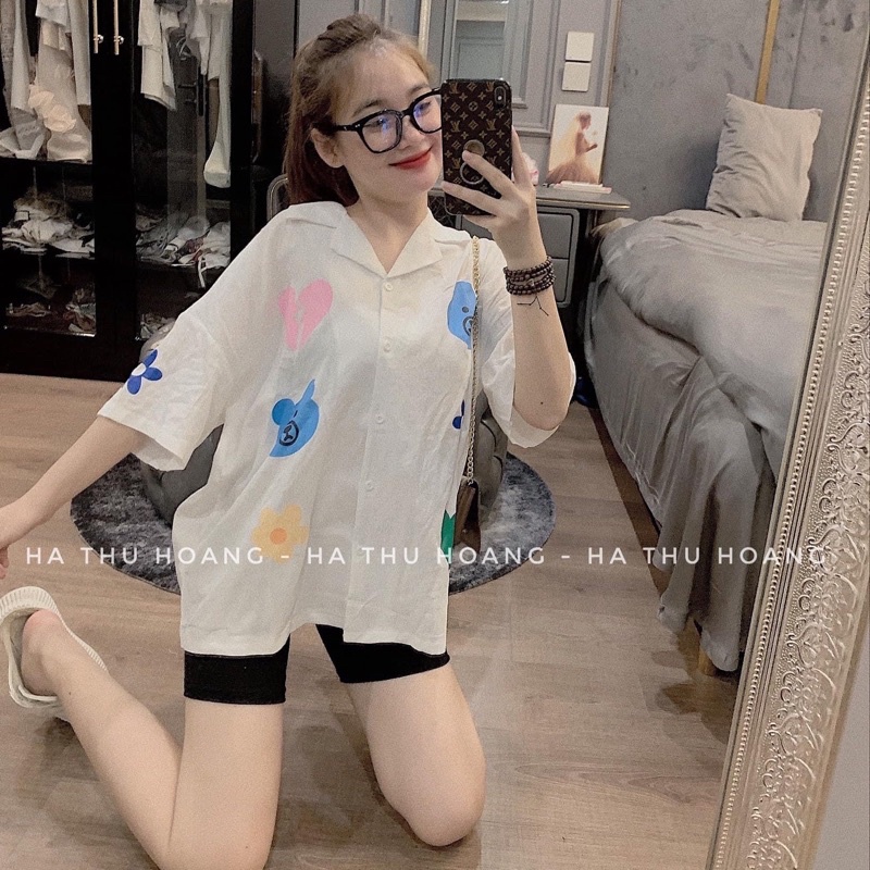 Set Bộ Đồ Nữ Áo Sơ Mi Gấu Phối Quần Legging Ngố [ kèm video]