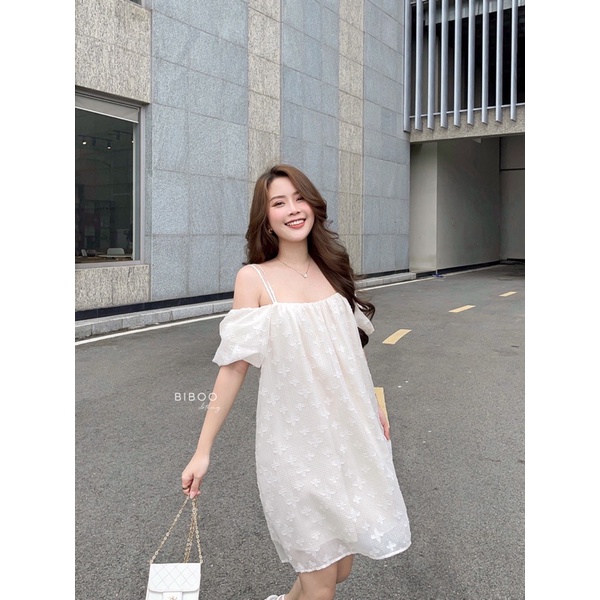 BIBOO - Đầm trễ vai voan ánh kim form dáng suông rộng thướt tha PHOEBE DRESS