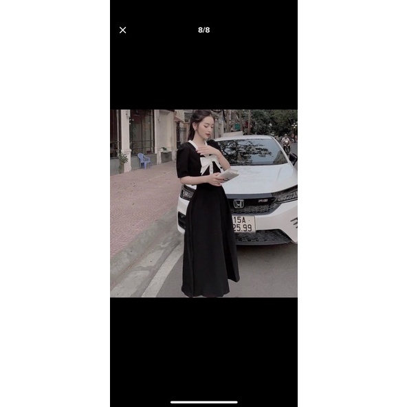 [8.8 Sales Freeship] Set váy tiểu thư vintage, set áo tay búp cổ v đính nơ to phối viền nút kèm chân váy dài sang trọng