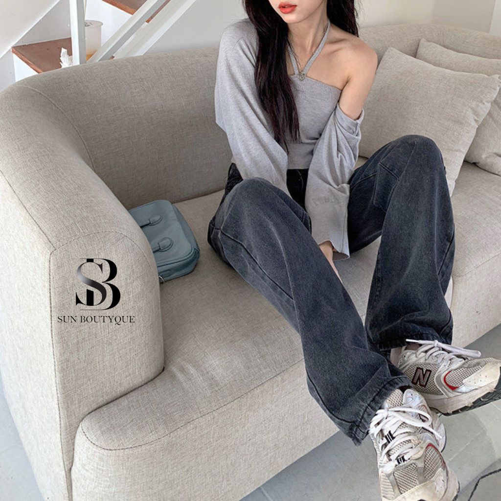Quần jeans ống rộng nữ,quần bò ống rộng nữ SUNBOUTYQUE dáng suông ống đứng màu xám khói chất vải bò dày dặn trẻ trung QX