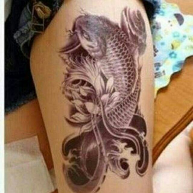 Hình xăm tatoo cá chép và chữ. Hình xăm dán bắp tay, vai, lưng, ngực... size <21×15cm