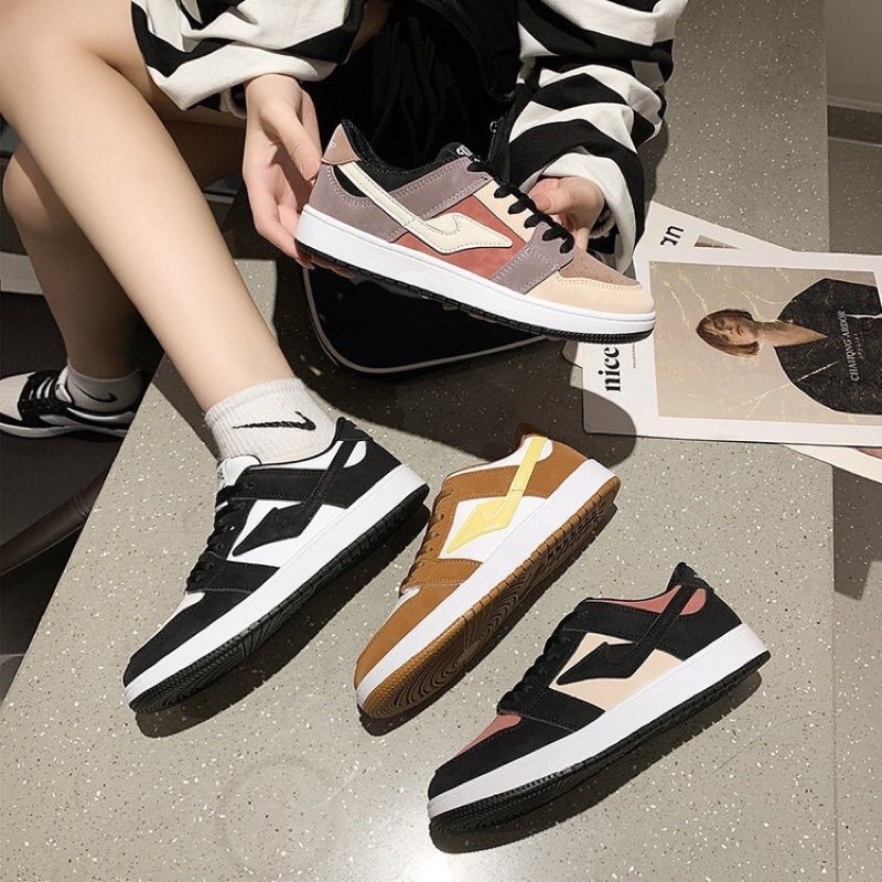 Giày sneaker nữ Jd cổ thấp da lộn viền màu siêu hot trend