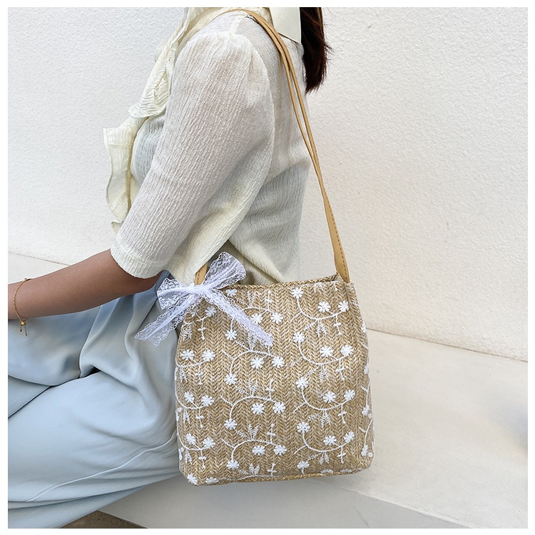 Túi cói ren hoa nơ ren trắng phong cách vintage dịu dàng nữ tính