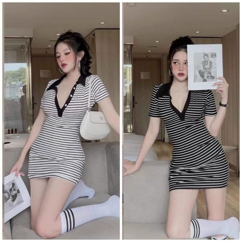 Đầm Thun Suông Kẻ Sọc Ngang Cổ Áo Polo | BigBuy360 - bigbuy360.vn