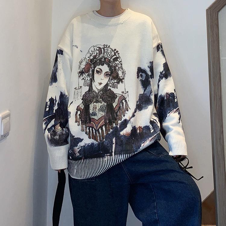Áo Sweater Dệt Kim Dáng Rộng In Họa Tiết Phong Cách Hàn Quốc Thời Trang Xuân Thu Cho Nam