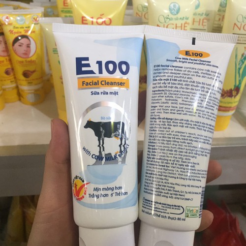 TUÝP LỚN Sữa rửa mặt E100 Sữa bò tươi Dưỡng trắng 80ml