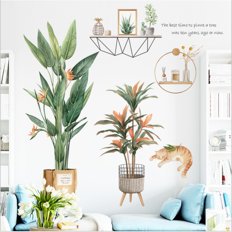 Decal trang trí dán tường - CHẬU CÂY PHÁT TÀI MÈO LƯỜI NGỦ TRƯA