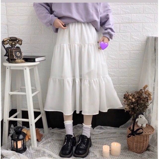 Chân Váy Dài Thiết Kế 3 Tầng Chất Liệu Voan - Chân Váy Ulzzang Cạp Chun Màu Đen Trắng Basic CV002 | BigBuy360 - bigbuy360.vn