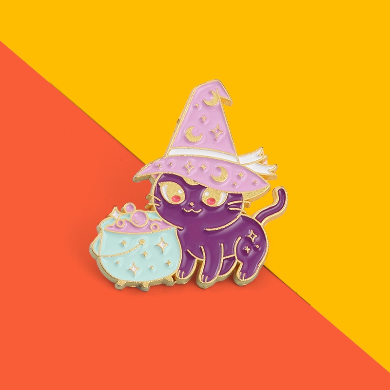 Ghim Cài Áo Kim Loại Tráng Men Hình Mèo Phù Thủy Màu Tím Phong Cách Gothic 2021