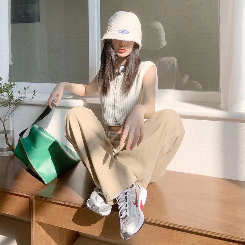 Quần Jean Nữ Màu Be Nhạt Cạp Cao Ống Đứng Phong Cách Ulzzang Đủ Size, Quần Bò Kaki Chất Co Dãn Nhẹ Loại 1
