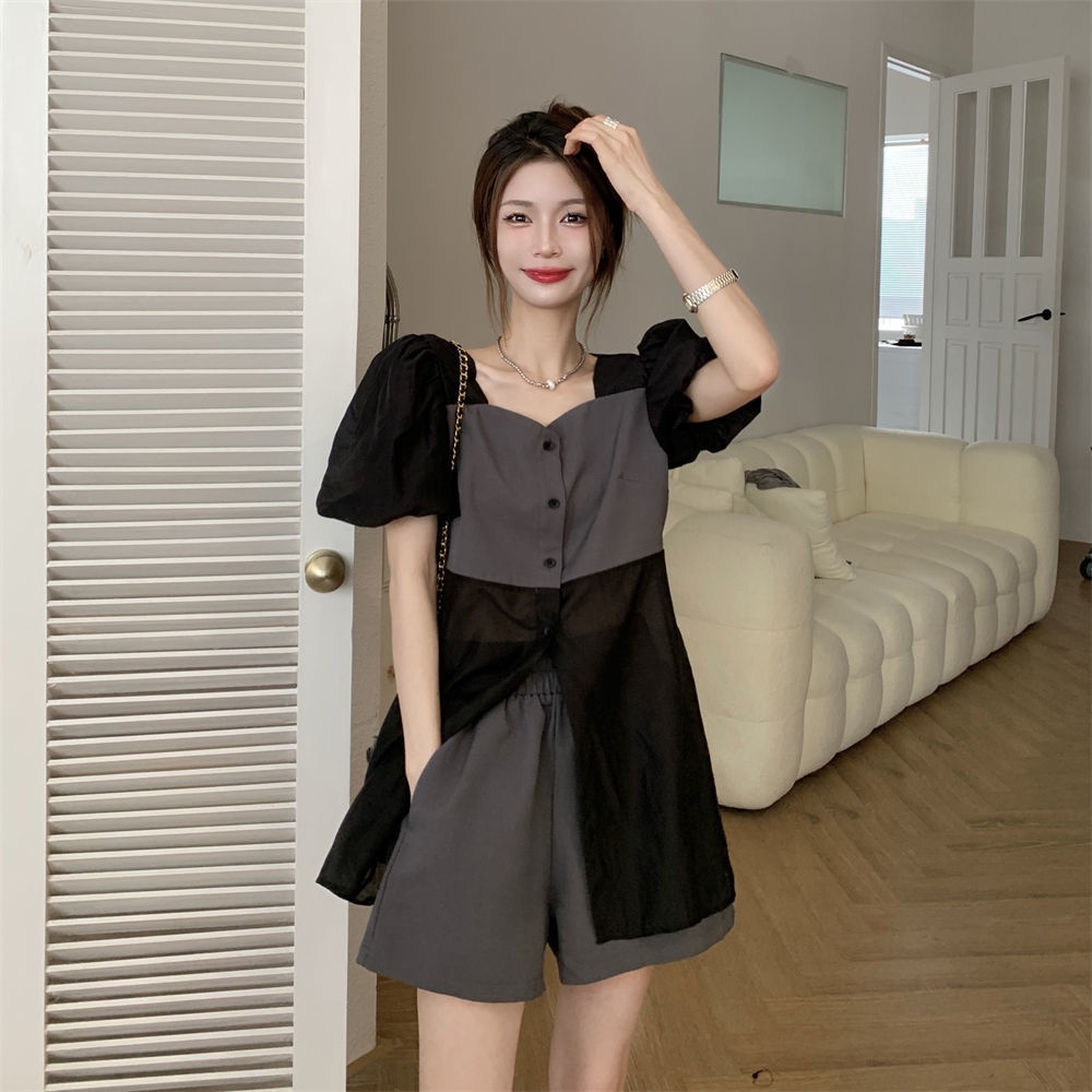 Bộ Áo Tay Phồng Cổ Chữ V Phối Cà Vạt + Quần Short Lưng Cao Ống Rộng Thời Trang 2022