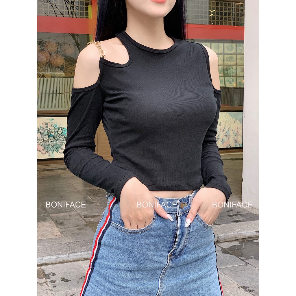 Áo croptop nữ tay dài hở vai Boniface Áo croptop hở vai kèm dây xích | BigBuy360 - bigbuy360.vn