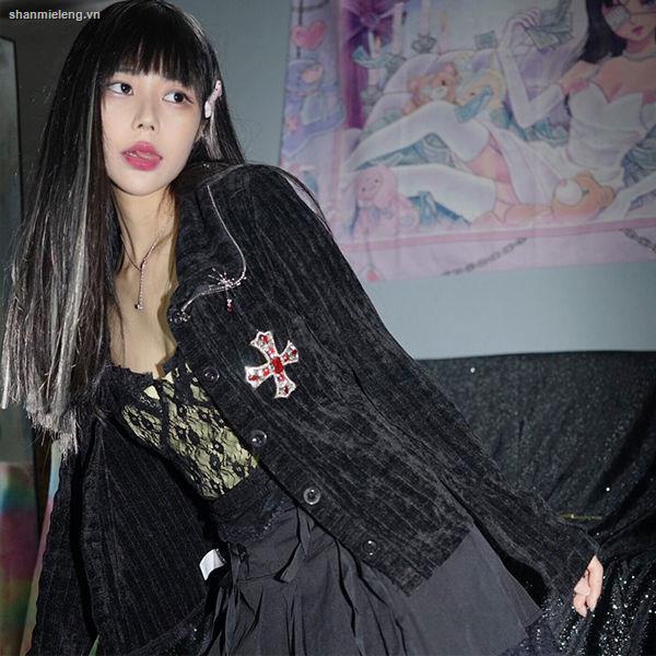 Áo khoác cardigan dệt kim màu đen đính đá phong cách punk 2021 cho nữ y2k