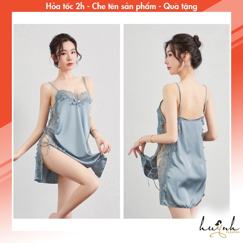Đầm ngủ hai dây lụa phối ren xẻ tà dây đan hông sexy - N53