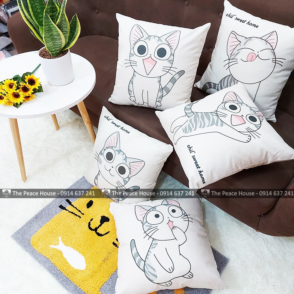 Vỏ gối vuông tựa lưng trang trí sofa 45x45cm hoạ tiết MÈO BÉO