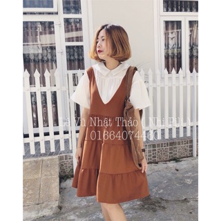 Set yếm nâu kèm áo sơ mi cộc tay
