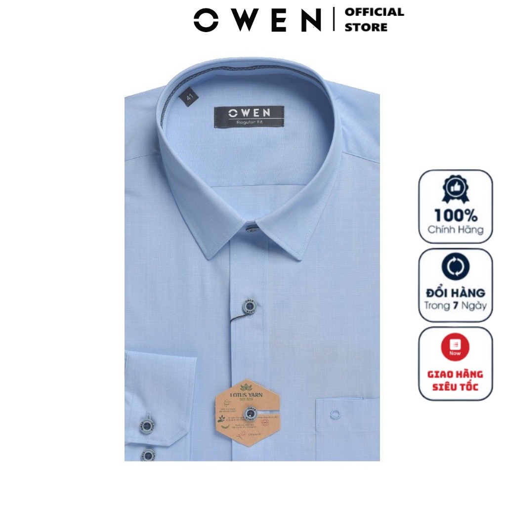 Áo Sơ Mi Nam Dài Tay OWEN AR220081DT Somi Công Sở Cao Cấp Màu Xanh Sáng Dáng Suông Tà Lượn Có Túi Vải Sợi Sen Mềm Mát