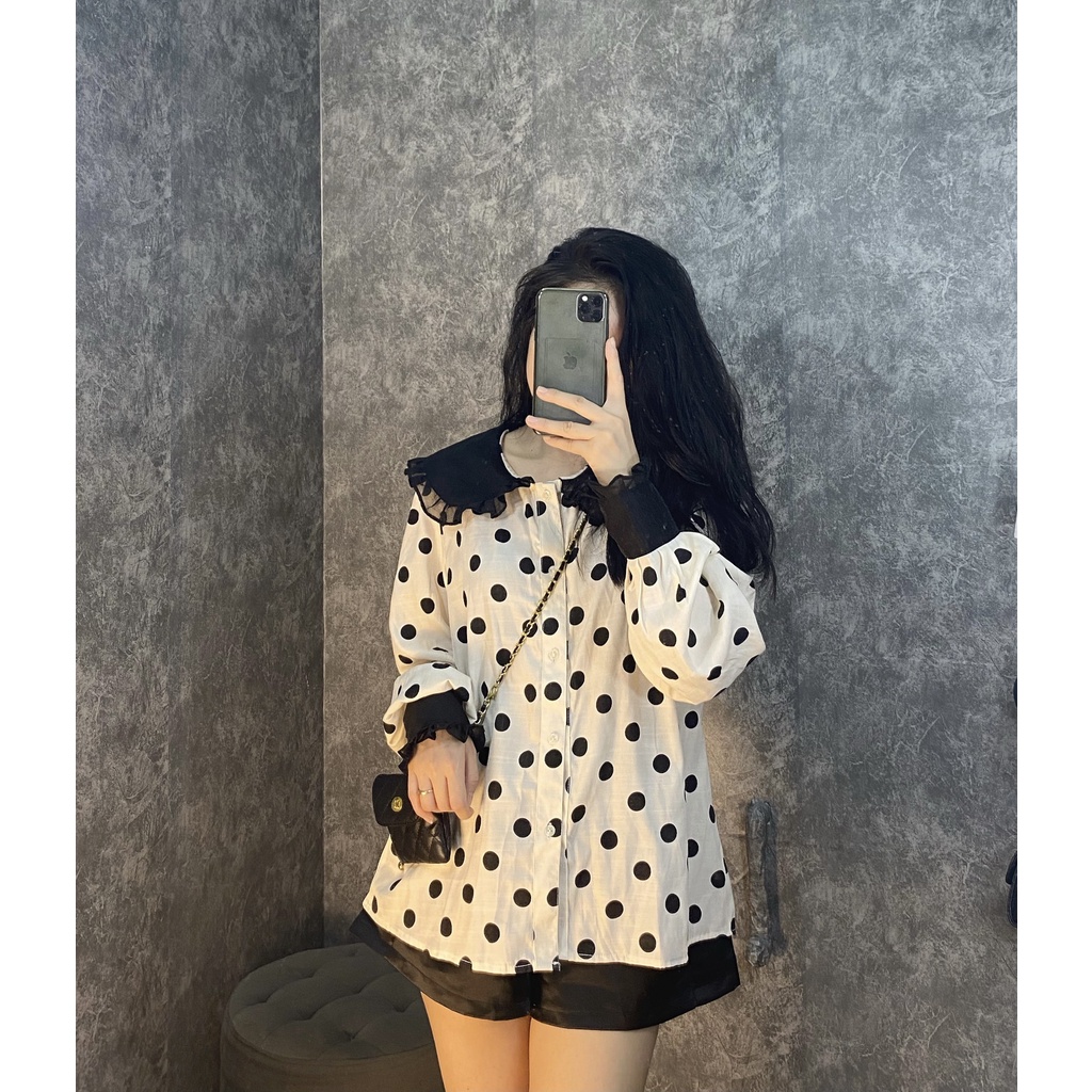 Áo Sơ-mi Tơ Đũi Xước Chấm Bi Phối Bèo Xinh Xinh [LanHin90]