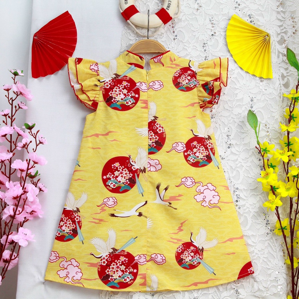 Đầm sườn xám đẹp cho bé gái mặc tết họa tiết chim hạc size 12-35kg hàng thiết kế cao cấp