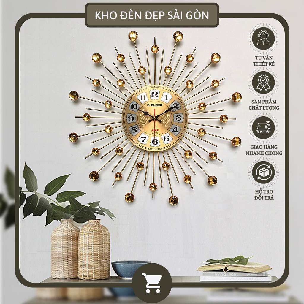 Đồng hồ trang trí, Đồng hồ treo tường Decor Hình tròn Hình mặt trời Mặt nhôm mạ vàng Mã DH-2105