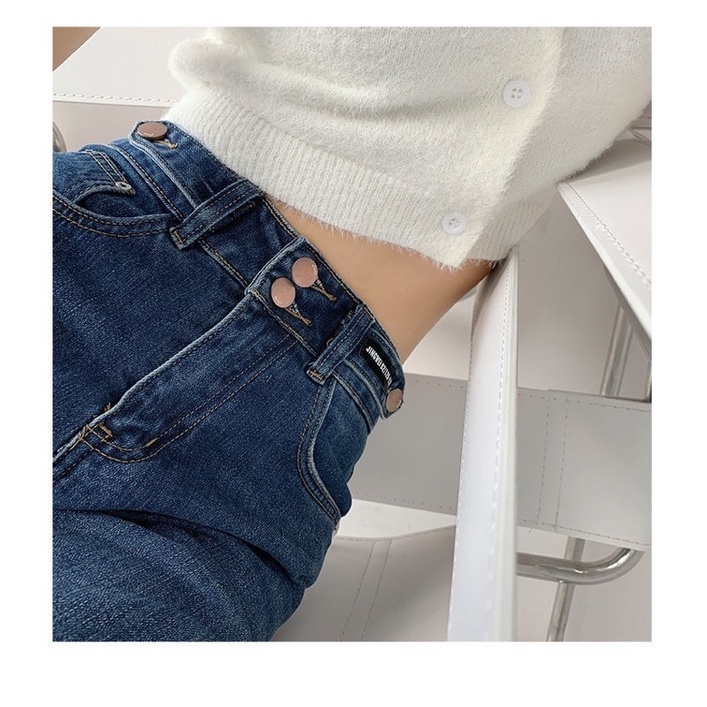 Quần jean nữ phối 2 khuy cạp cao, quần denim màu xanh đậm ống rộng suông dài phong cách Uzzllang