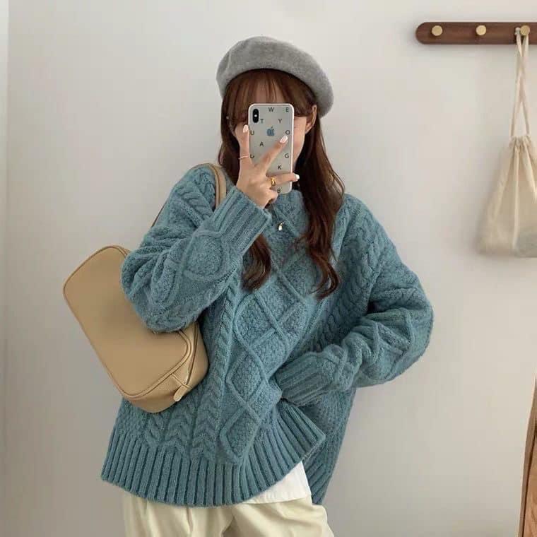 Áo len nữ form rộng cổ tròn chất len thừng dày dặn phong cách hàn quốc