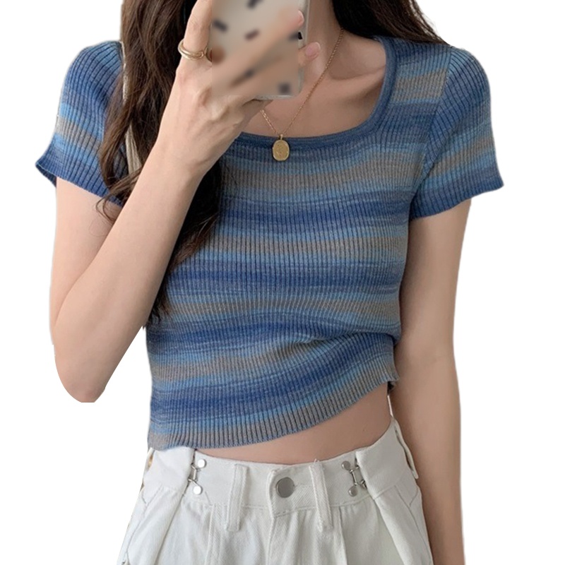 Áo Thun Dệt Kim Ngắn Tay Cổ Vuông Họa Tiết Sọc Màu Tương Phản Thời Trang Mùa Hè Cho Nữ