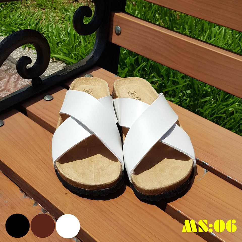 Dép sandal nam nữ quai chéo pu trắng đế trấu unisex