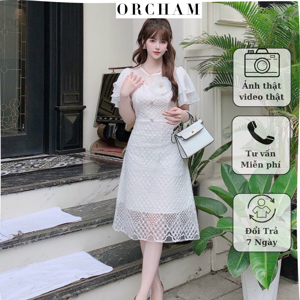 Váy ren dáng dài thiết kế tiểu thư cổ tròn tay cánh tiên hoa cài chất liệu cao cấp đi làm, dự tiệc - ORCHAM in