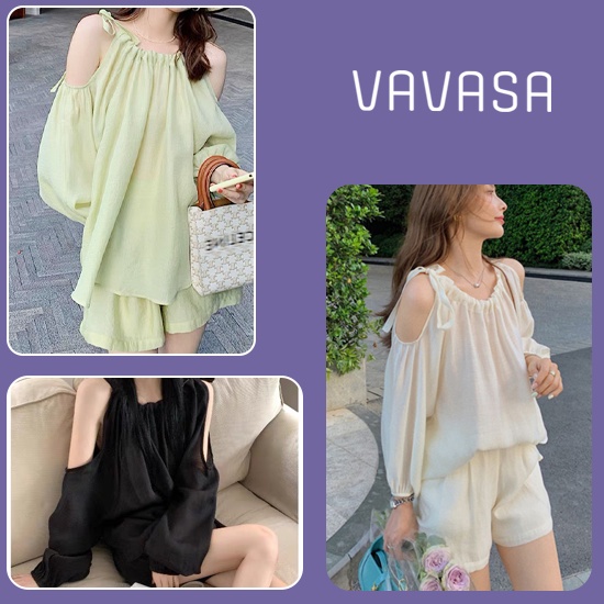 Set Áo Khoét Vai Buộc Nơ Phối Quần Sooc Form Rộng Xanh Bơ Nhiều Màu Siêu Xinh VAVASA BD01