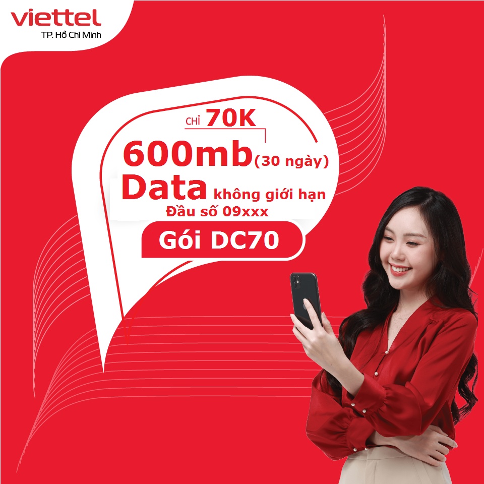 Sim 4G Viettel gói DC70 có 600MB dùng 30 ngày đầu số 09xxx data không giới hạn